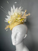 Butter Yellow Sinamay Fascinator Hat with Ivory Dahlia Flower White Feather Spray  Berry Branches  Elegant Headband  Kentucky Derby