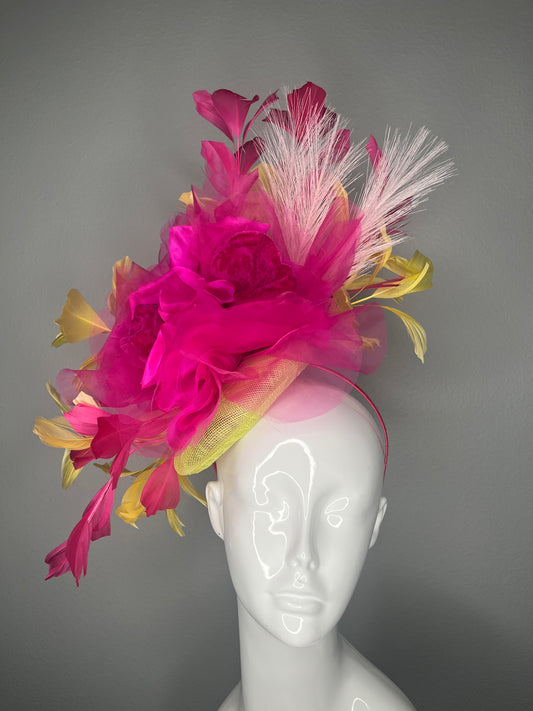 Hot Pink & Lemon Couture Fascinator – Dramatic Kentucky Derby Statement Headpiece