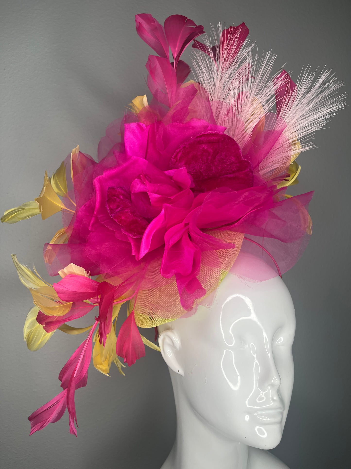 Hot Pink & Lemon Couture Fascinator – Dramatic Kentucky Derby Statement Headpiece