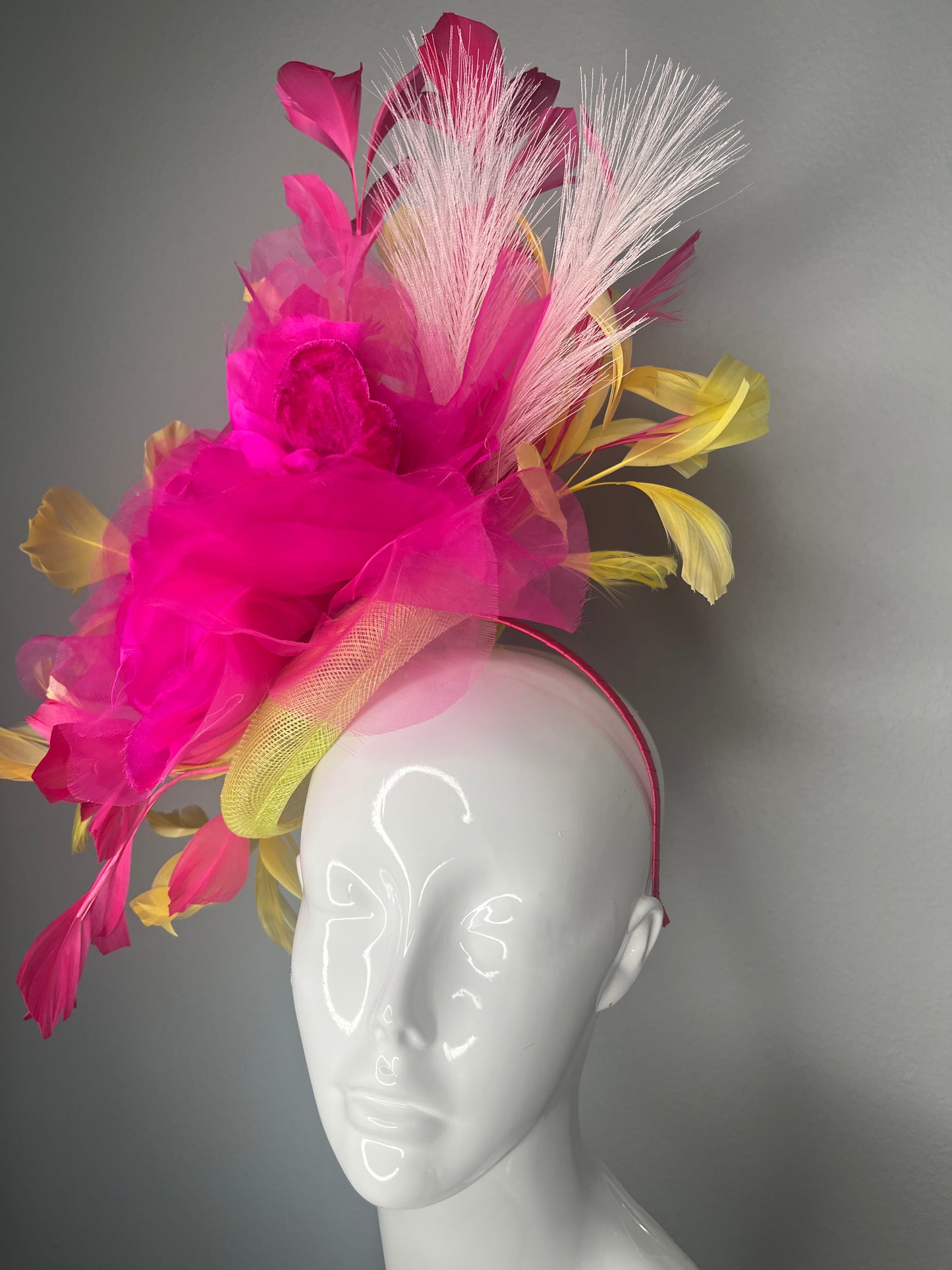 Hot Pink & Lemon Couture Fascinator – Dramatic Kentucky Derby Statement Headpiece