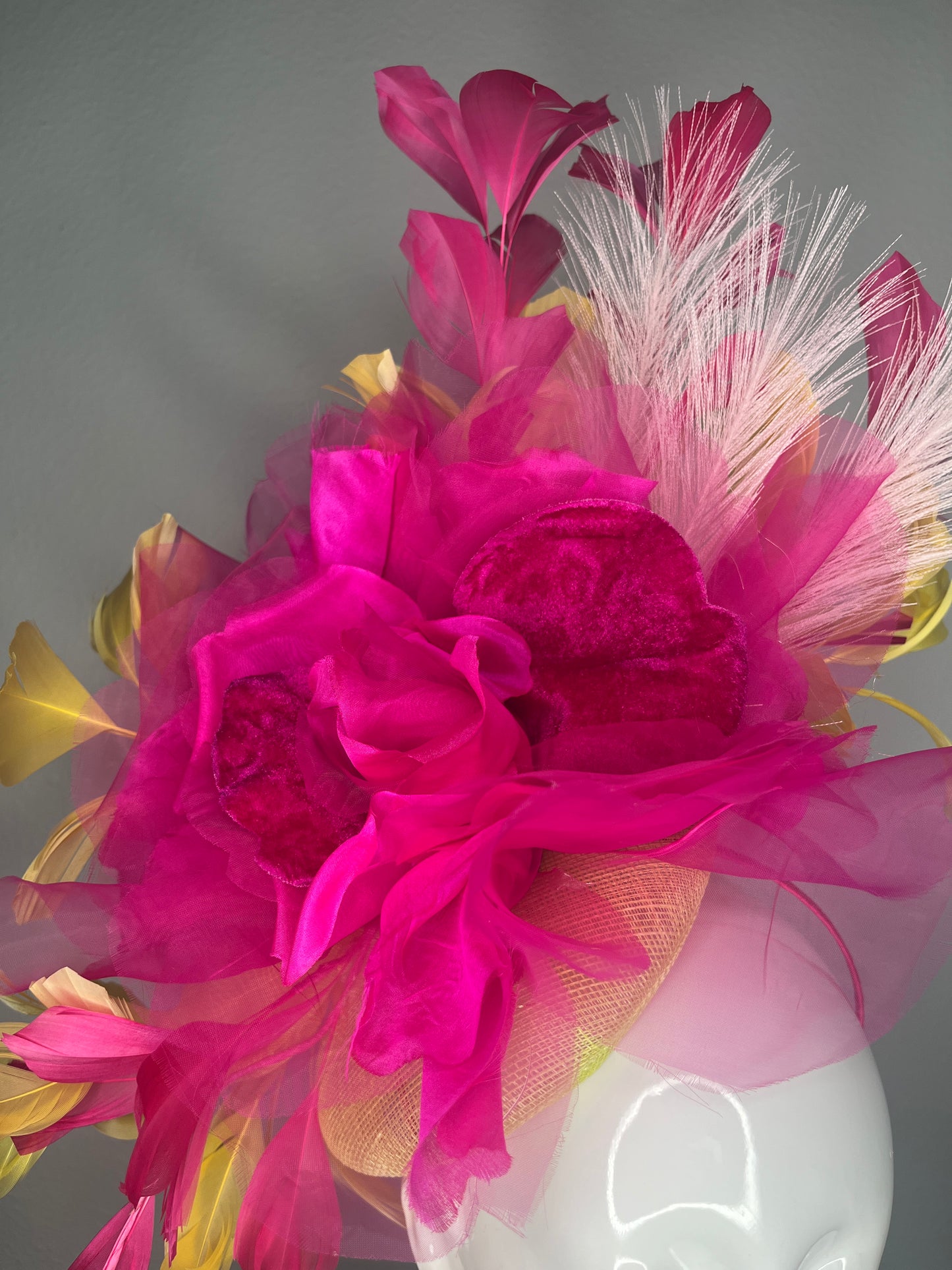 Hot Pink & Lemon Couture Fascinator – Dramatic Kentucky Derby Statement Headpiece