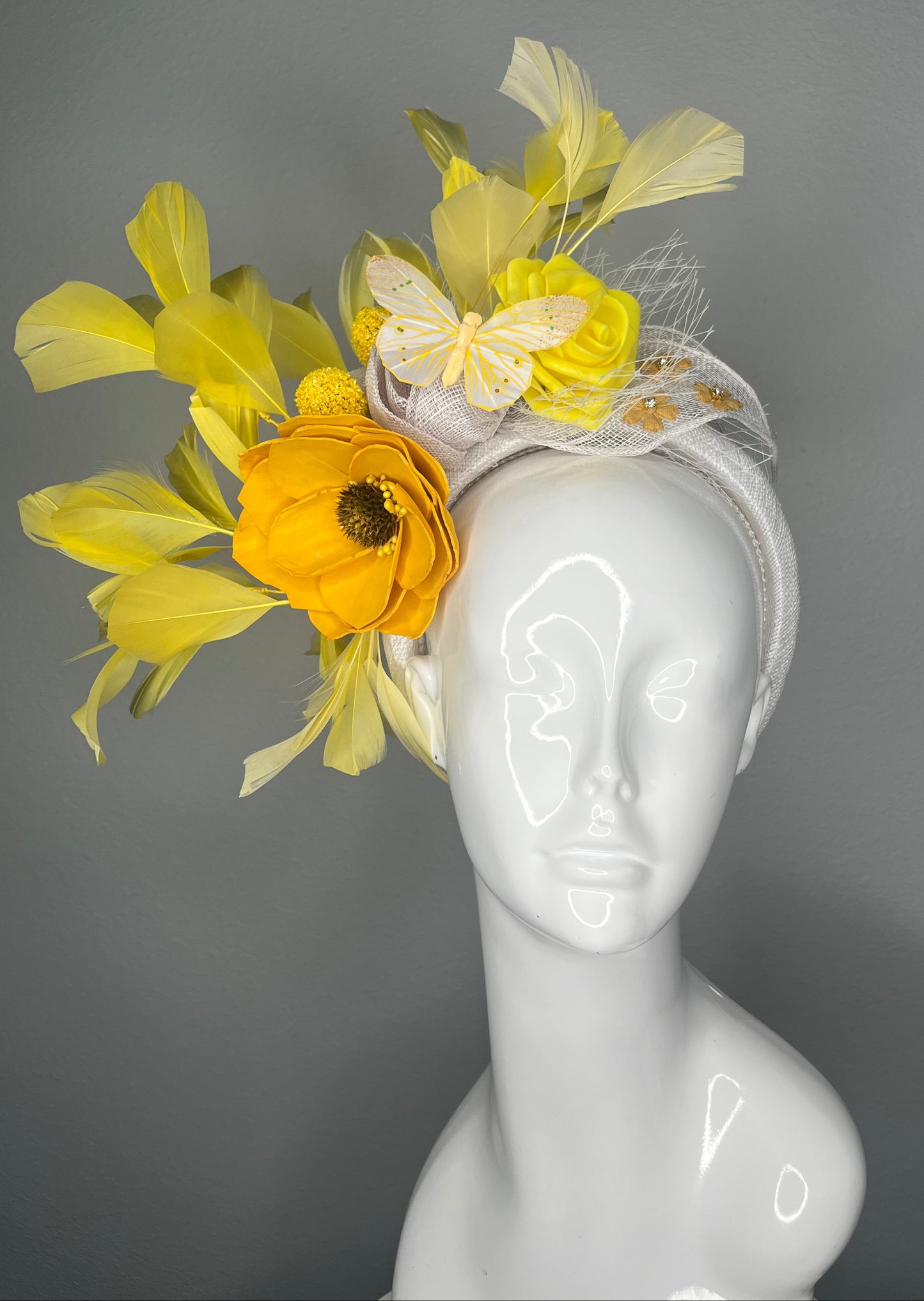 Yellow and Ivory Floral Fascinator with Feathers and Butterfly – Kentucky Derby Headpiece