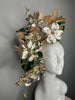 Gold Floral Tiger Fascinator with Tropical Leaves and Feathers Kentucky Derby Tiki