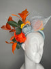 Orange and Light Blue Floral Fascinator with Feathers and Veiling Kentucky Derby