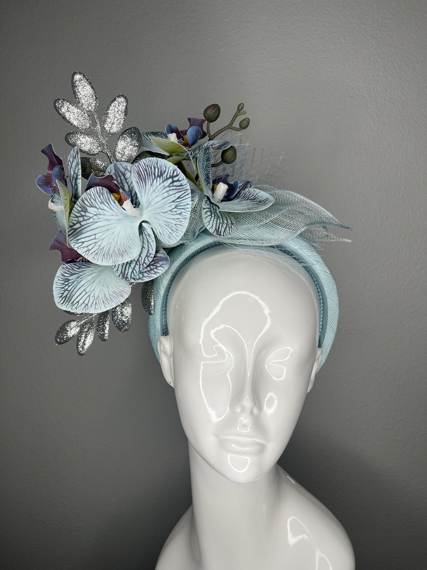 Light Blue Orchid Fascinator with Silver Leaves and Veiling Kentucky Derby