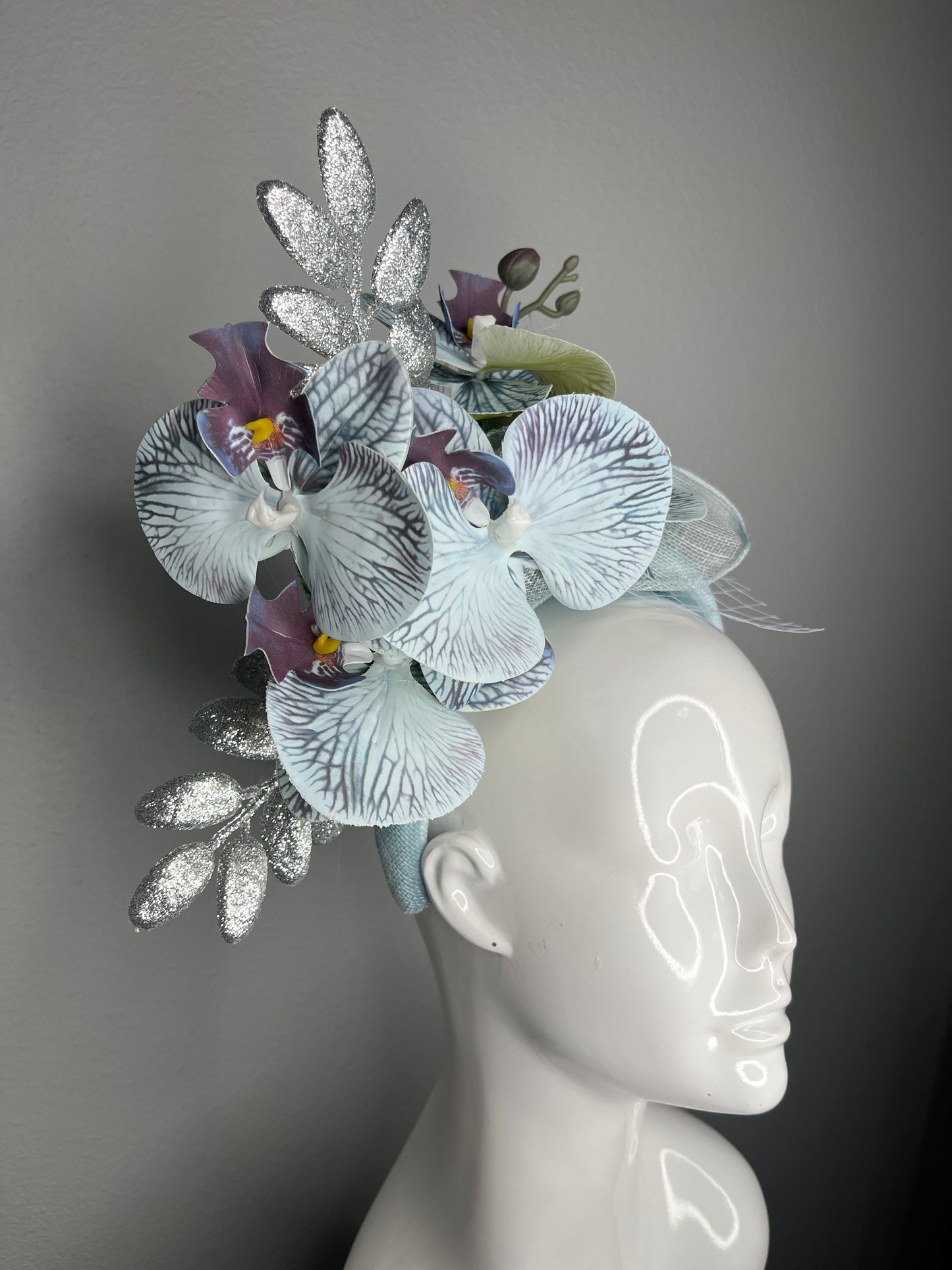 Light Blue Orchid Fascinator with Silver Leaves and Veiling Kentucky Derby