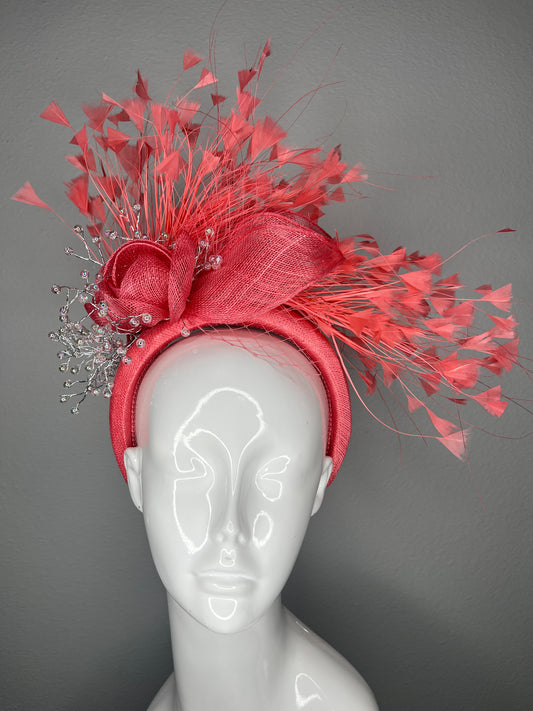 Coral Feather Fascinator with Sparkling Accents and Veiling Kentucky Derby