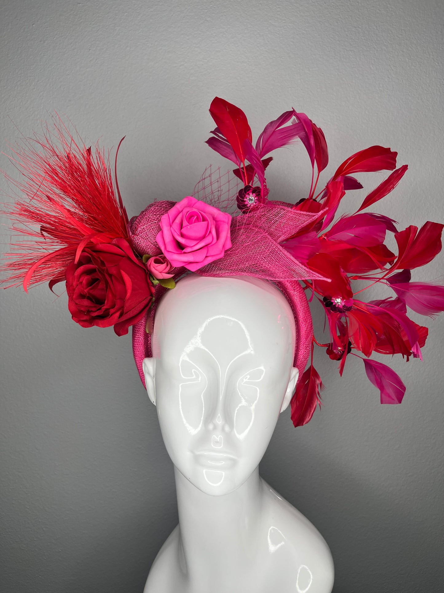 Red and Hot Pink Rose Fascinator with Feathers and Veiling Kentucky Derby