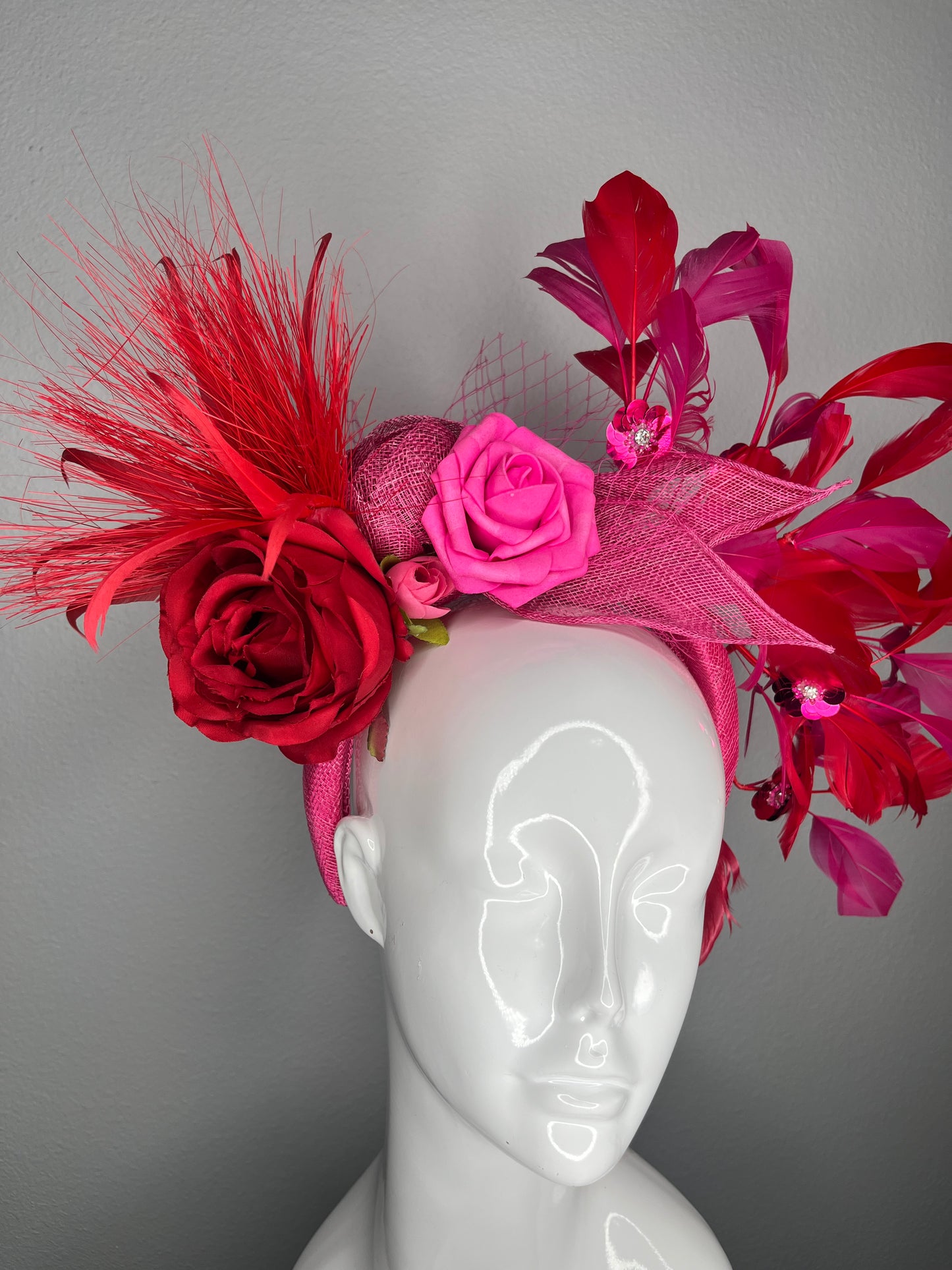 Red and Hot Pink Rose Fascinator with Feathers and Veiling Kentucky Derby