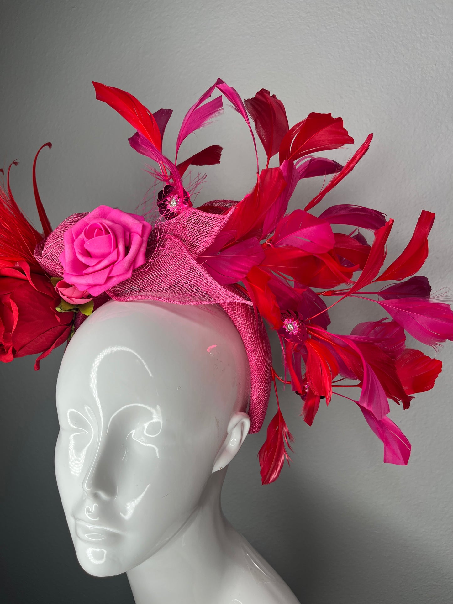 Red and Hot Pink Rose Fascinator with Feathers and Veiling Kentucky Derby
