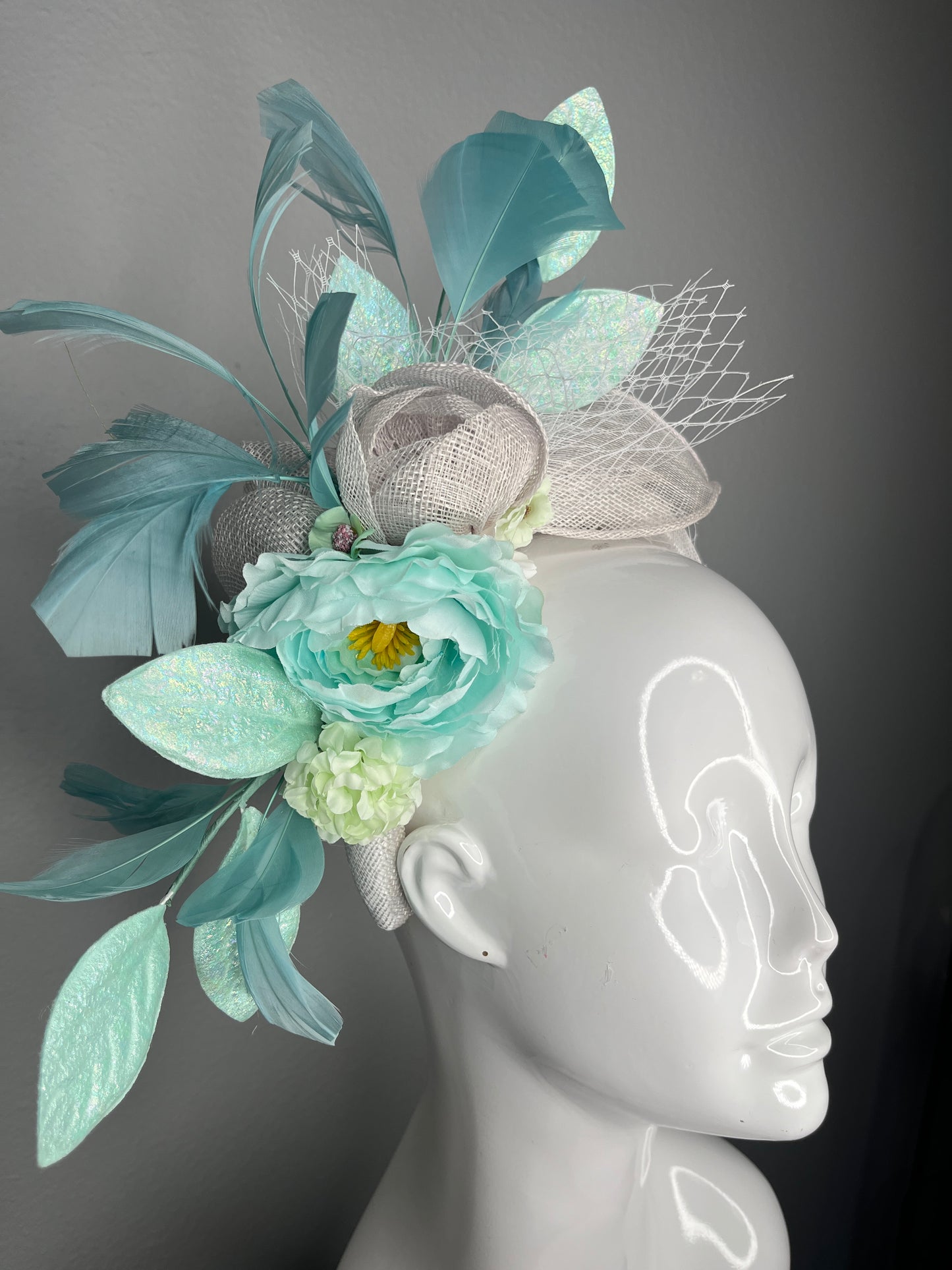Aqua Blue Green Turquoise and White Floral Fascinator with Feathers and Decorative Mint Leaves