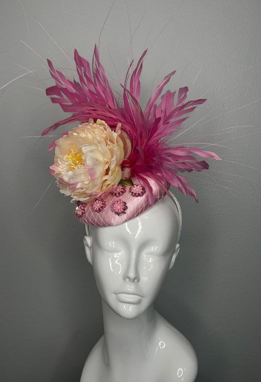 Pink Peony Floral and Pink Feather Burst Fascinator