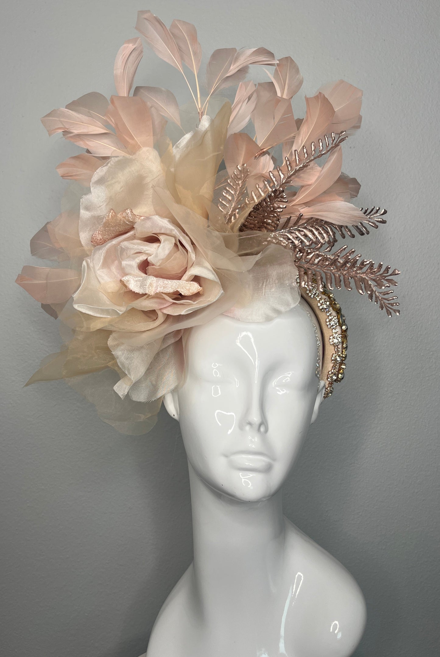 Blush Champagne Statement Fascinator with Oversized Silk Rose and Feather Detail