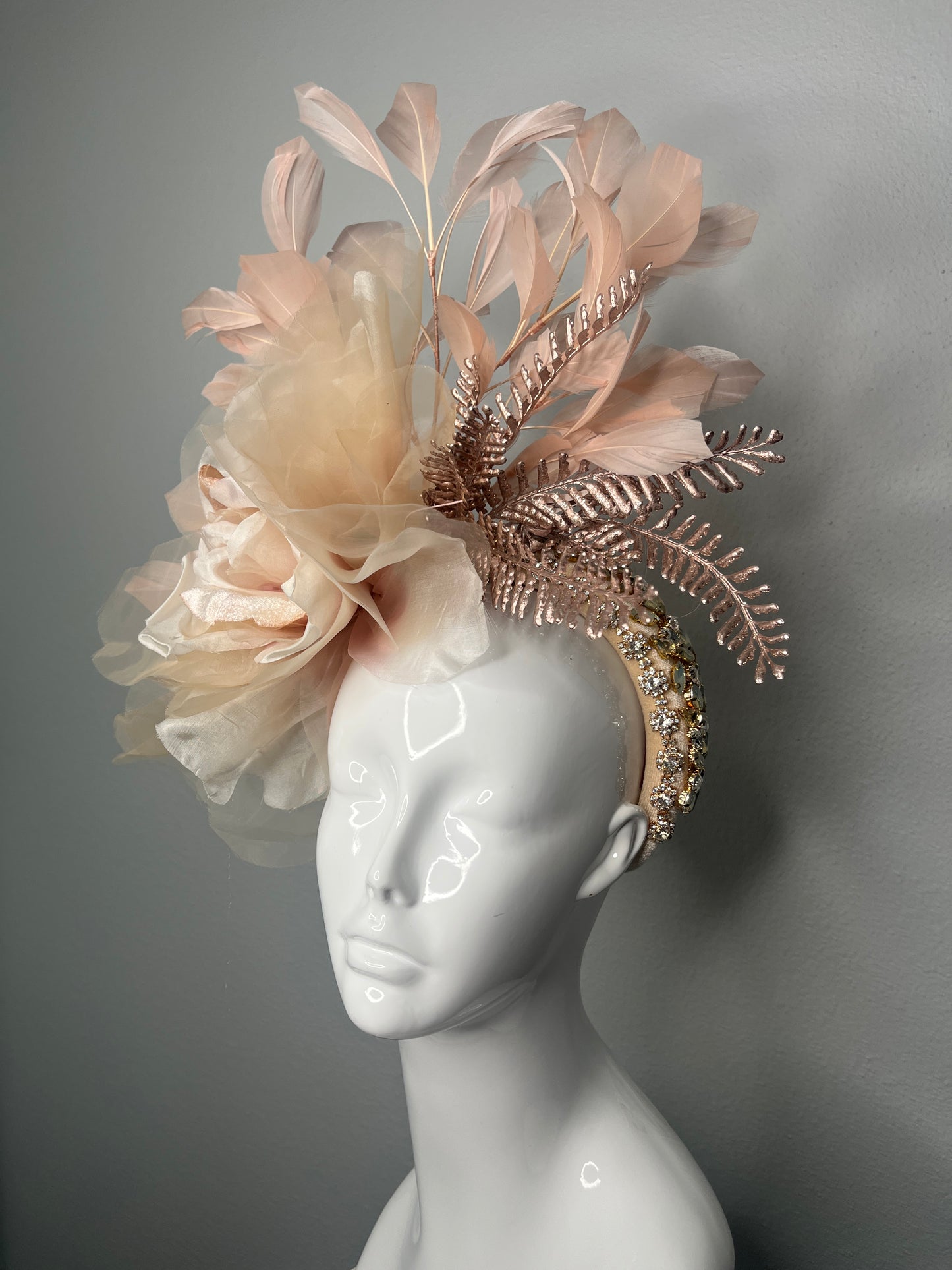 Blush Champagne Statement Fascinator with Oversized Silk Rose and Feather Detail