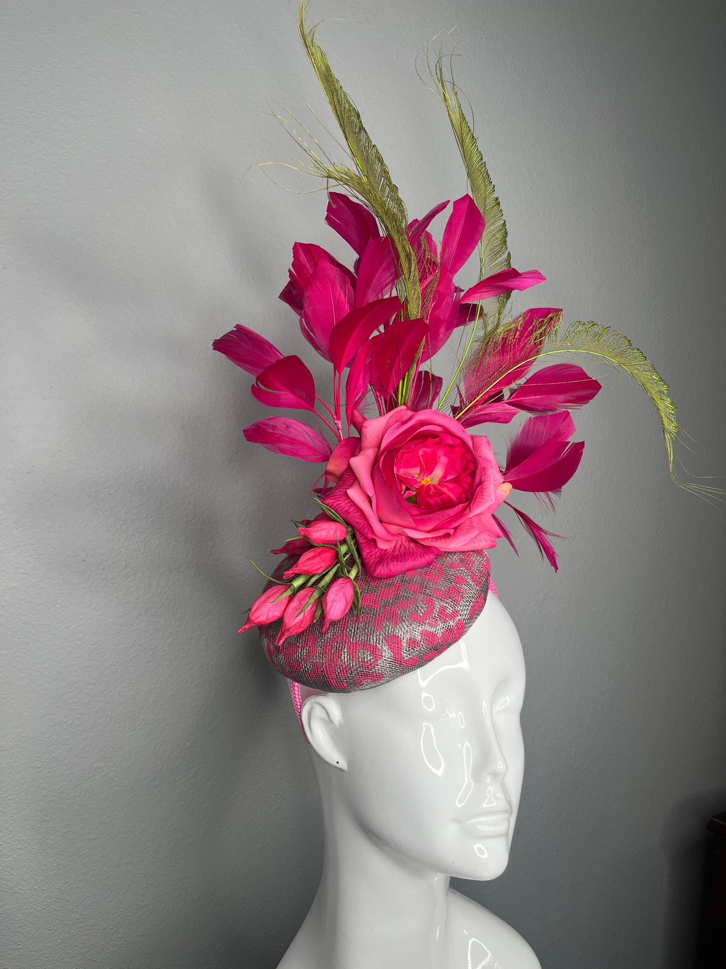 Fuchsia Fantasy Hot Pink Rose and Feather Statement Fascinator