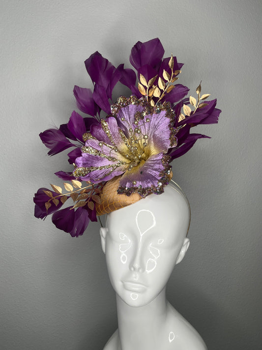 Violet Purple Vibe Floral Feather  Fascinator Hat