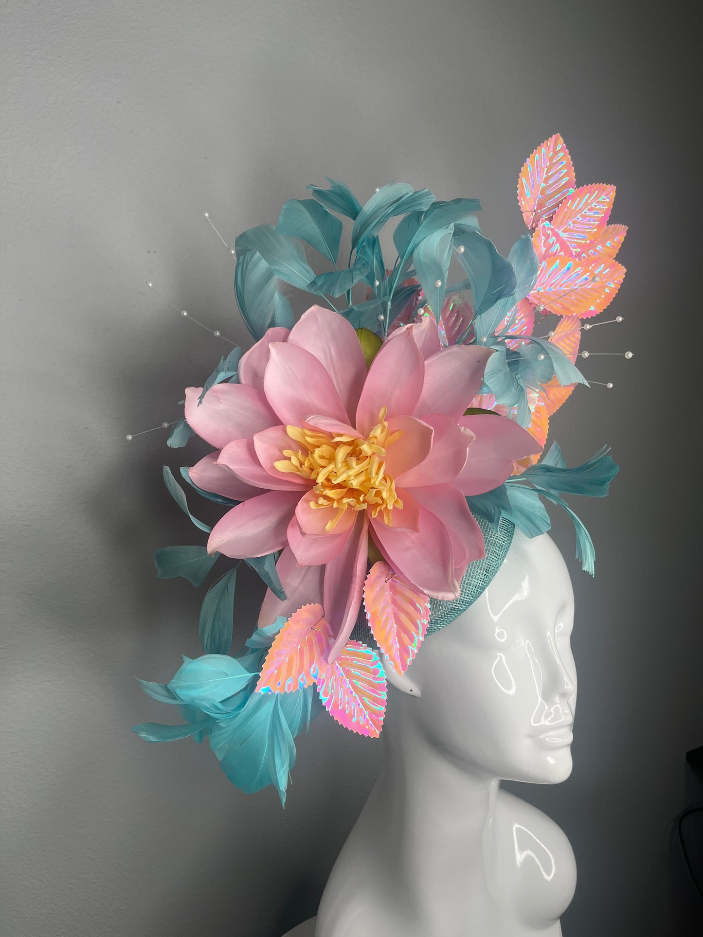 Electric Blossom Mint Green and Pink  Iridescent Feather Fascinator Hat