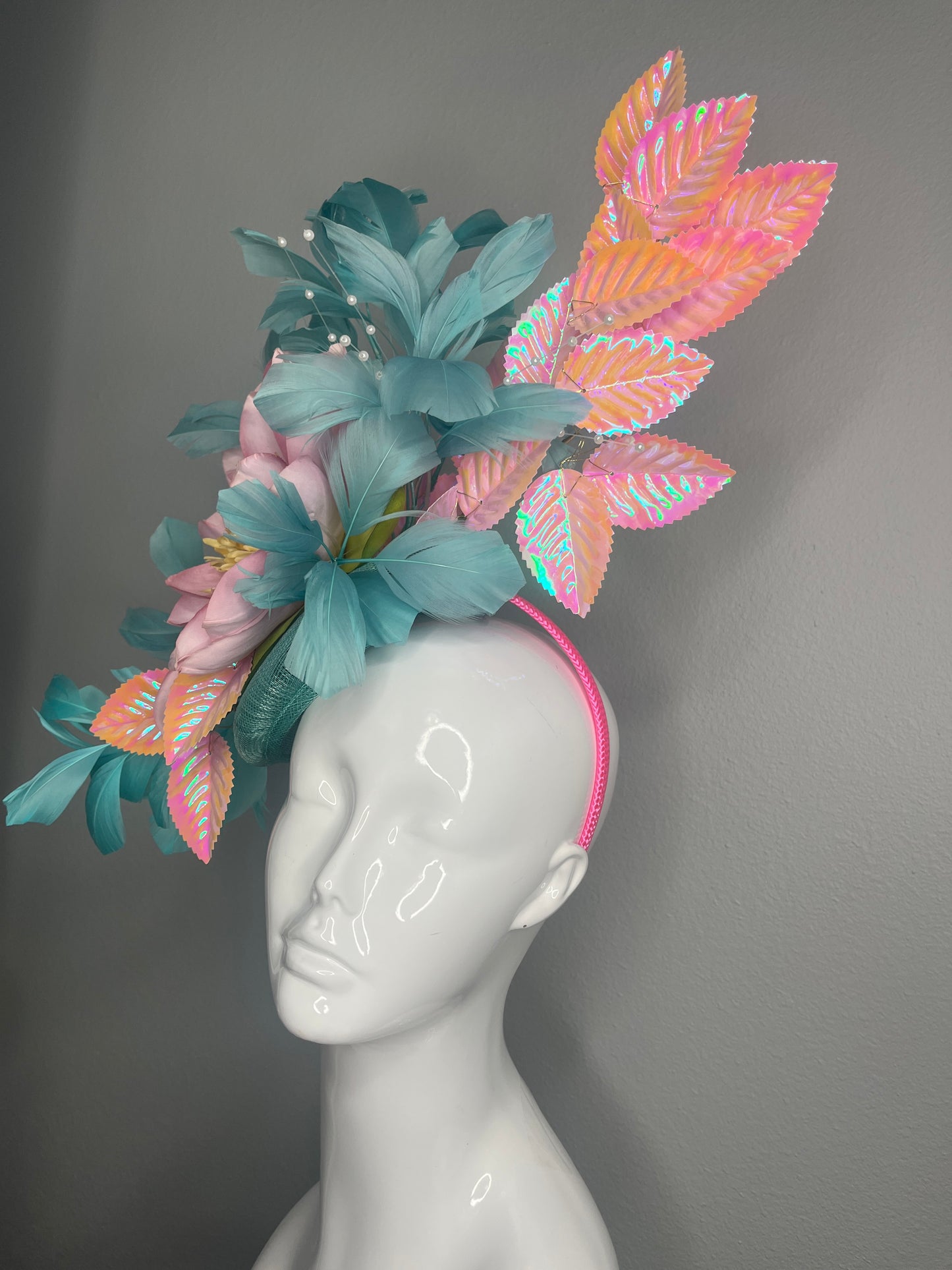 Electric Blossom Mint Green and Pink  Iridescent Feather Fascinator Hat