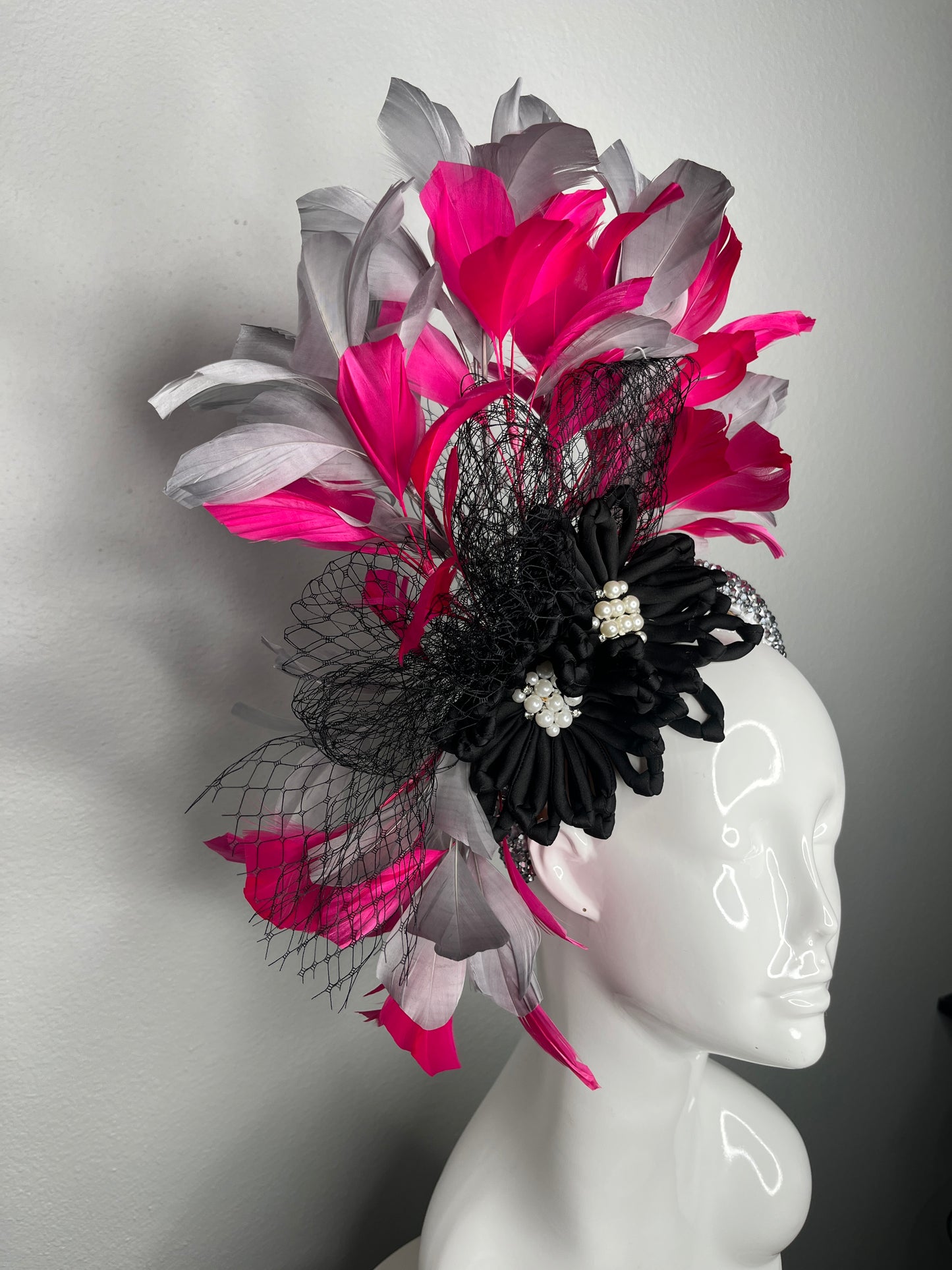 Midnight Rose Revue Pink, Black and Grey Fascinator Hat