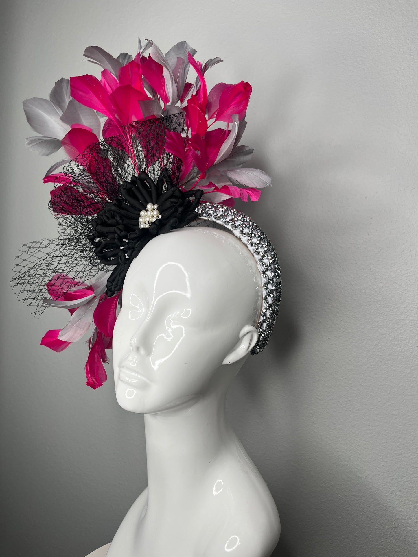 Midnight Rose Revue Pink, Black and Grey Fascinator Hat