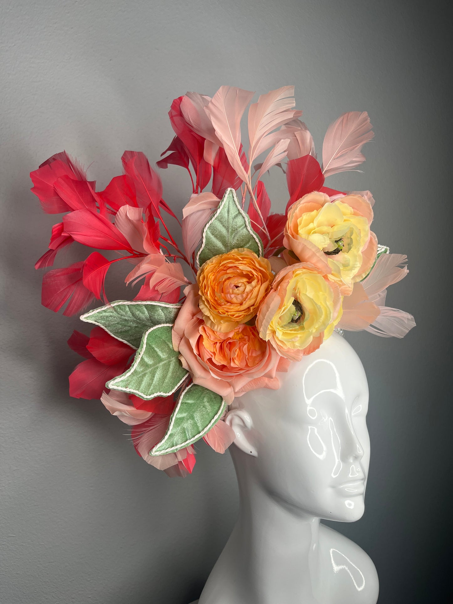 Pink and Coral Sunset Bloom Feather Fascinator Hat