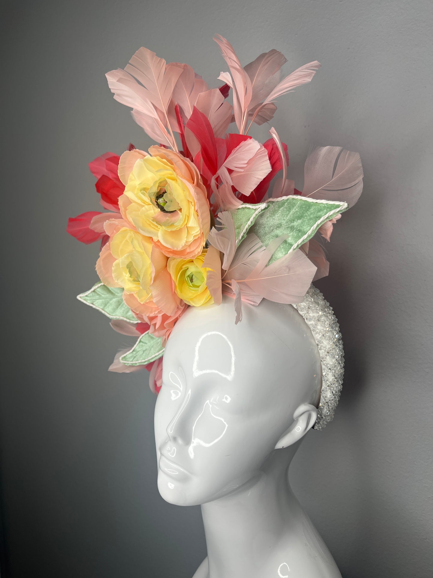 Pink and Coral Sunset Bloom Feather Fascinator Hat