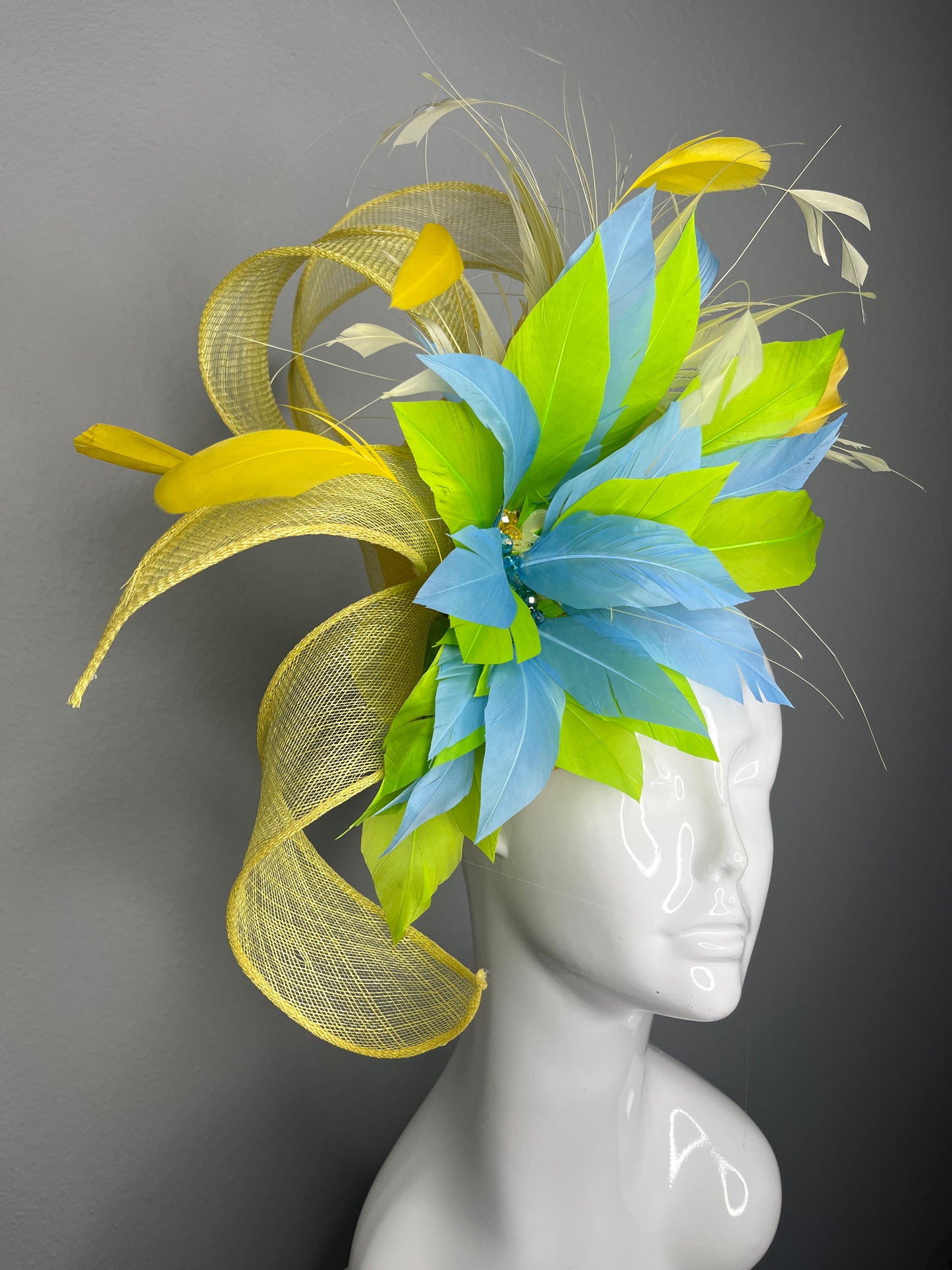 Citrus Breeze Yellow, Green and Blue Feather Fascinator Hat