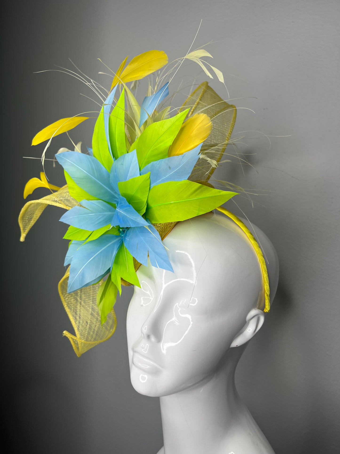 Citrus Breeze Yellow, Green and Blue Feather Fascinator Hat