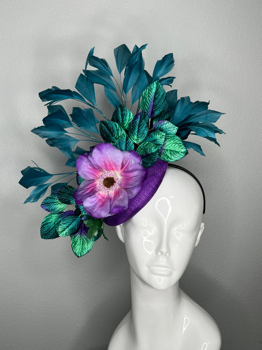 Purple and Teal Vintage Floral Feather Statement Fascinator