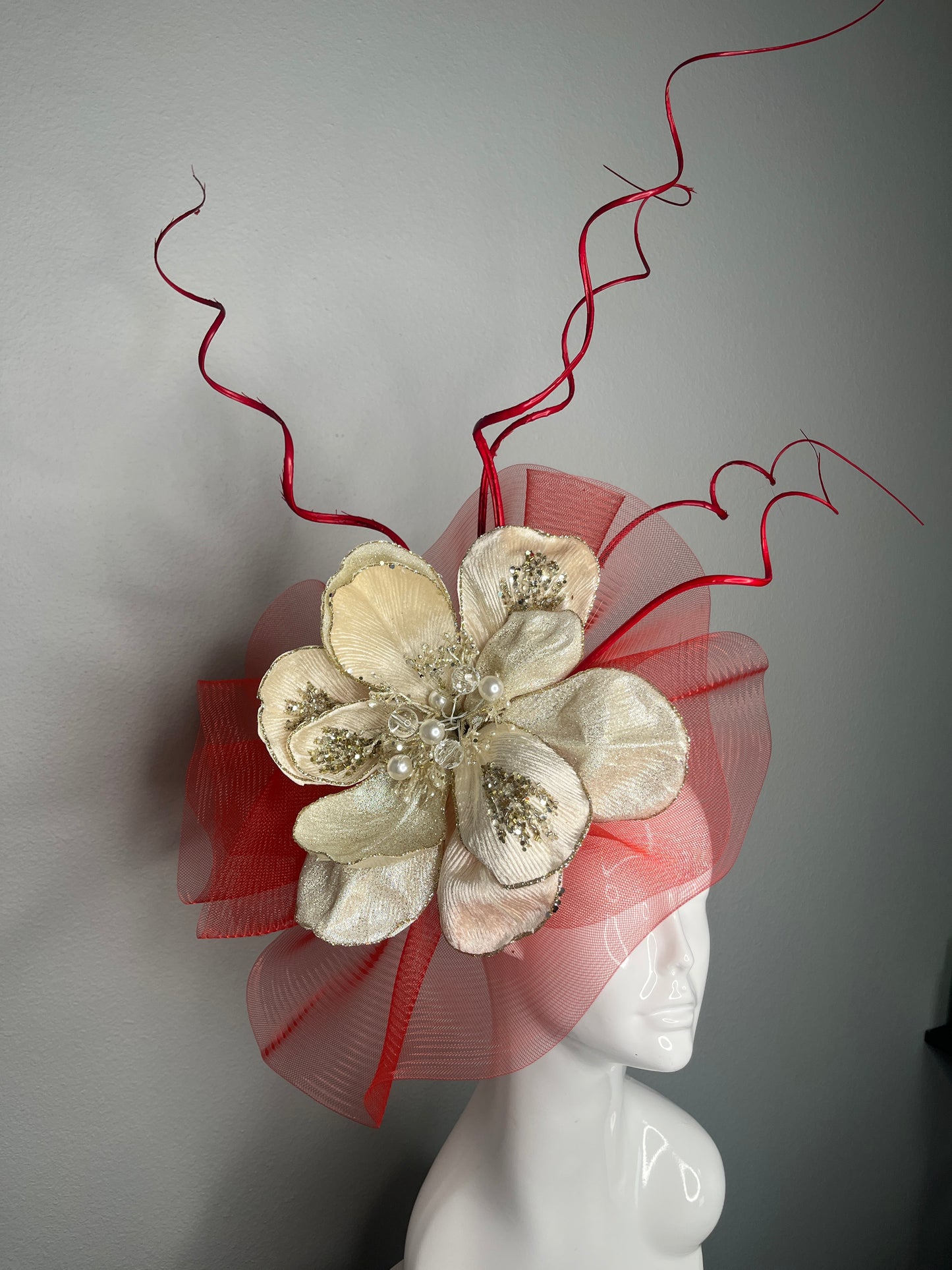 Red & Ivory Statement Fascinator with Sculpted Ribbon and Pearl Floral Accent
