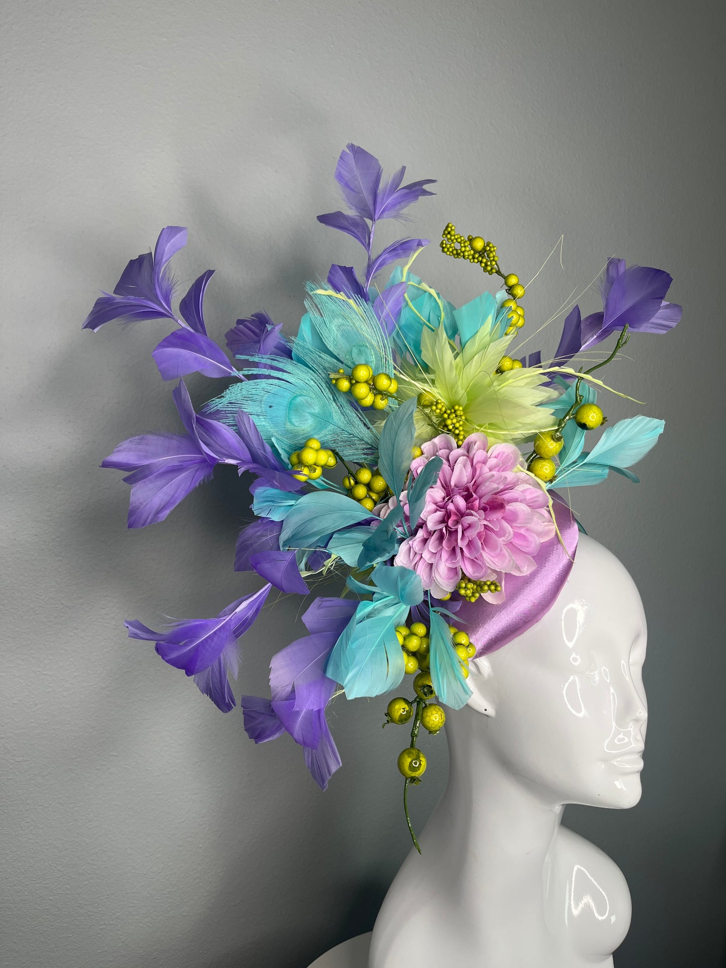 Garden Symphony Feather Fascinator Hat in Lavender, Turquoise & Chartreuse