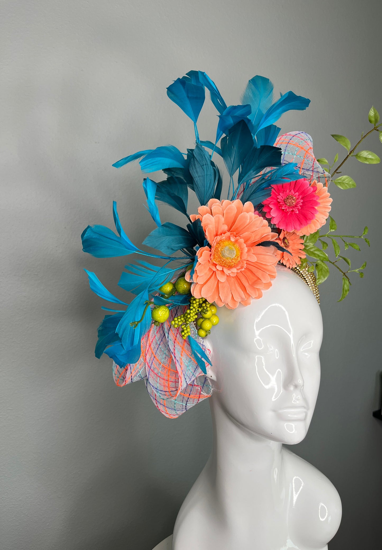 Coral Gerbera Floral and Teal Feather Garden Fascinator