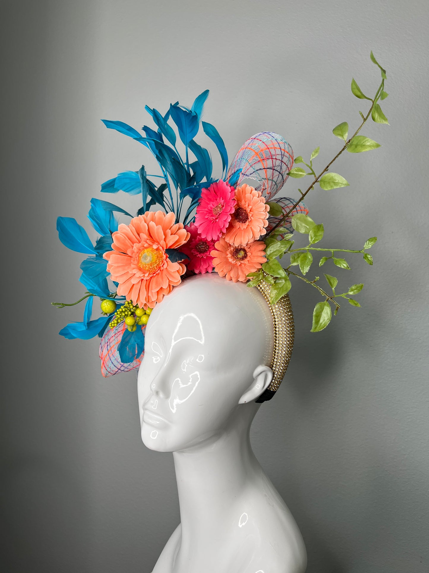 Coral Gerbera Floral and Teal Feather Garden Fascinator