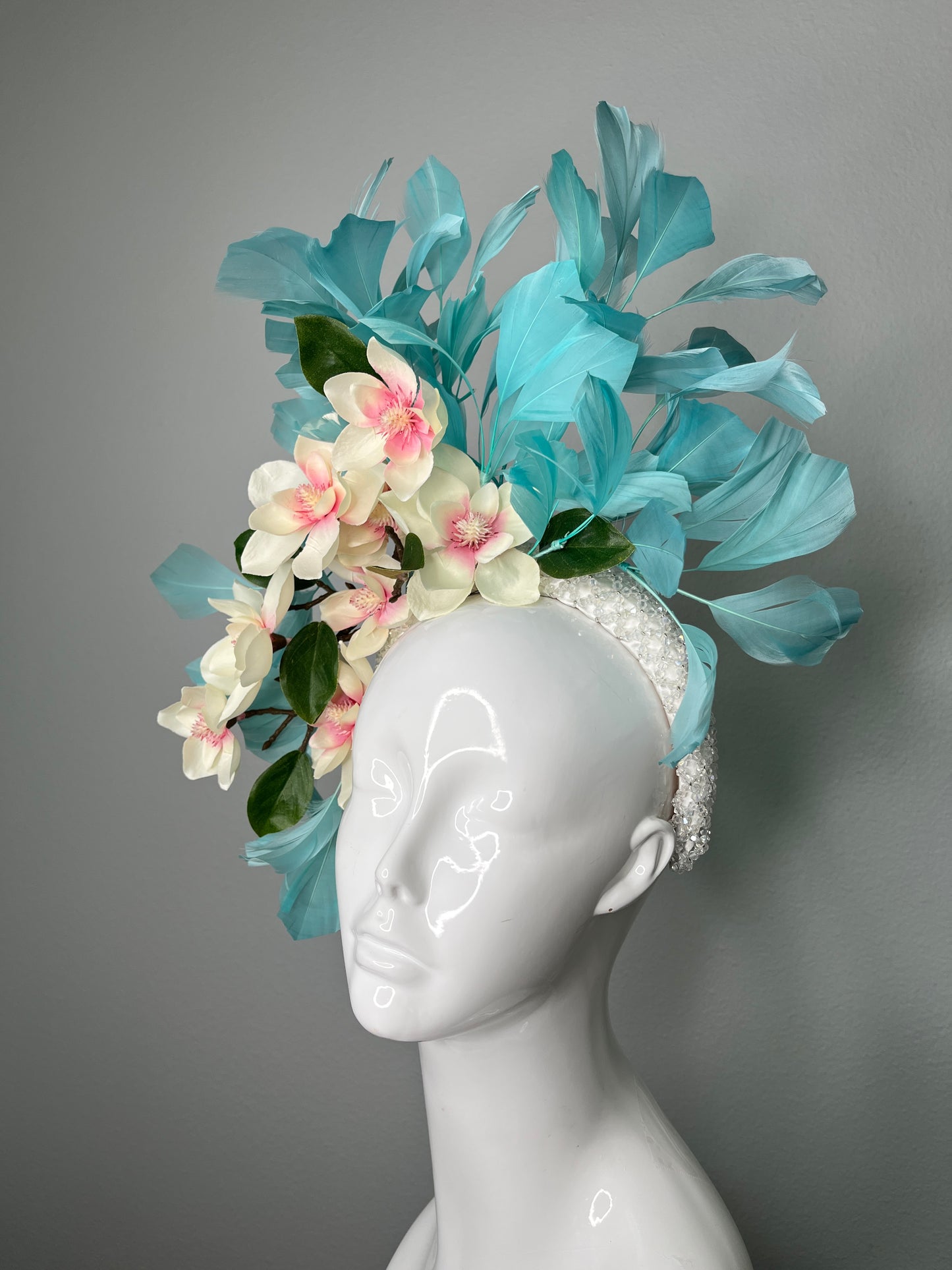 Aqua Magnolia and Feather Statement Fascinator Hat