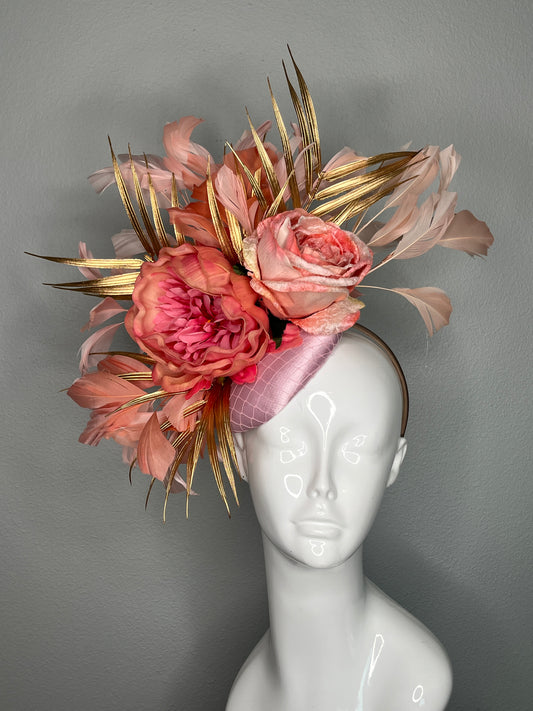 Coral Rose and Peony Fascinator with Gold Leaf Accents Elegant Derby or Wedding Headpiece
