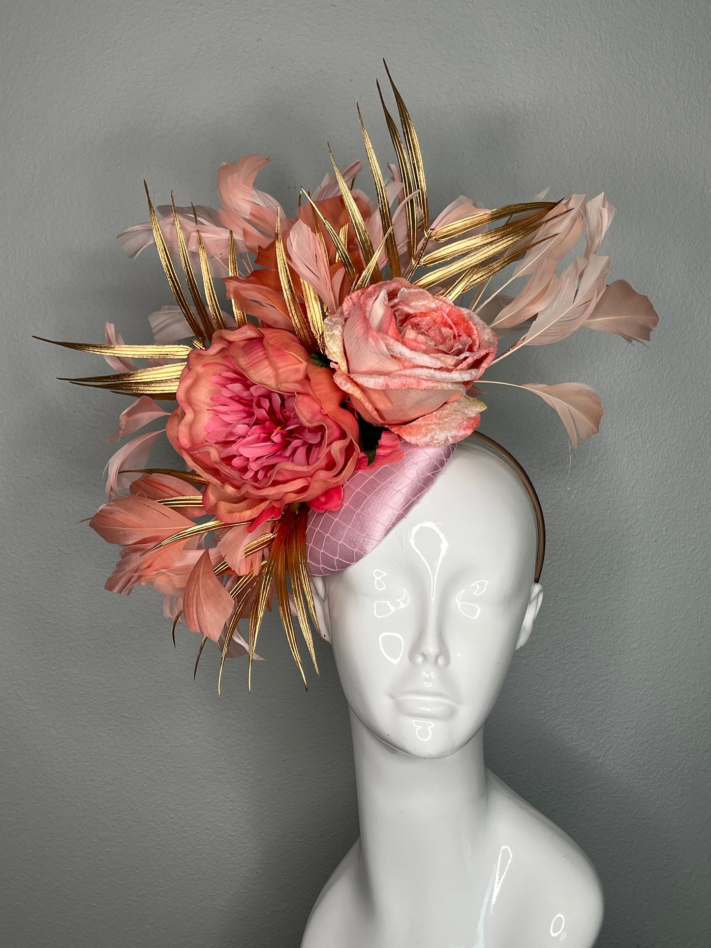 Coral Rose and Peony Fascinator with Gold Leaf Accents Elegant Derby or Wedding Headpiece