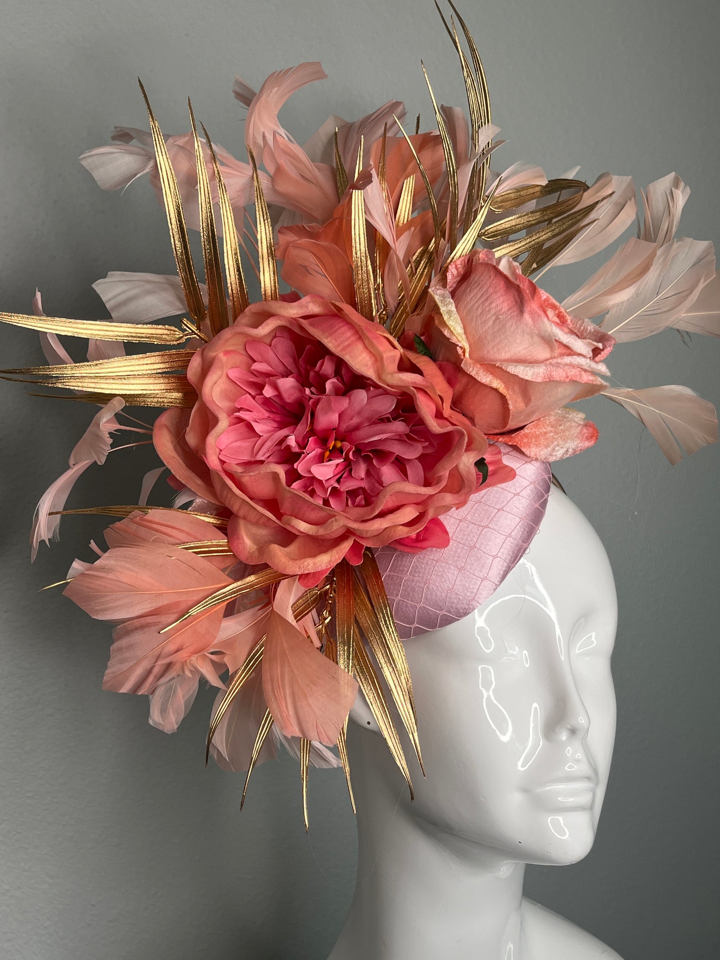 Coral Rose and Peony Fascinator with Gold Leaf Accents Elegant Derby or Wedding Headpiece