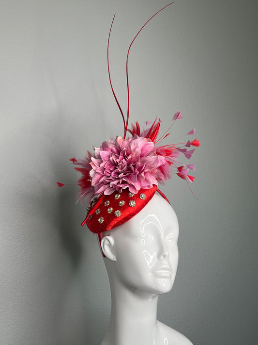 Red and Pink Flower Fascinator with Feather Sprays and Crystal Accents  Couture Derby or Ascot Hat