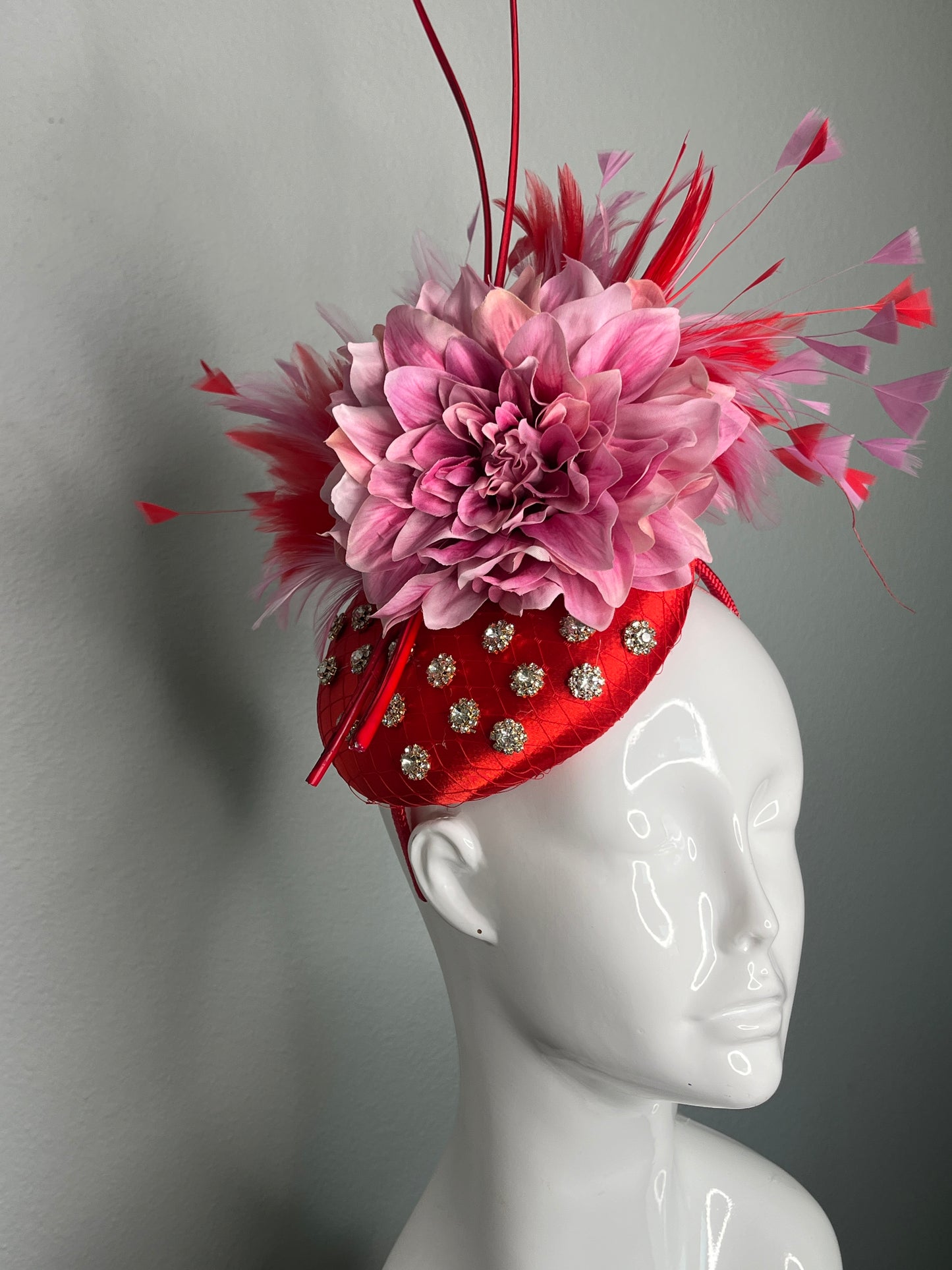 Red and Pink Flower Fascinator with Feather Sprays and Crystal Accents  Couture Derby or Ascot Hat