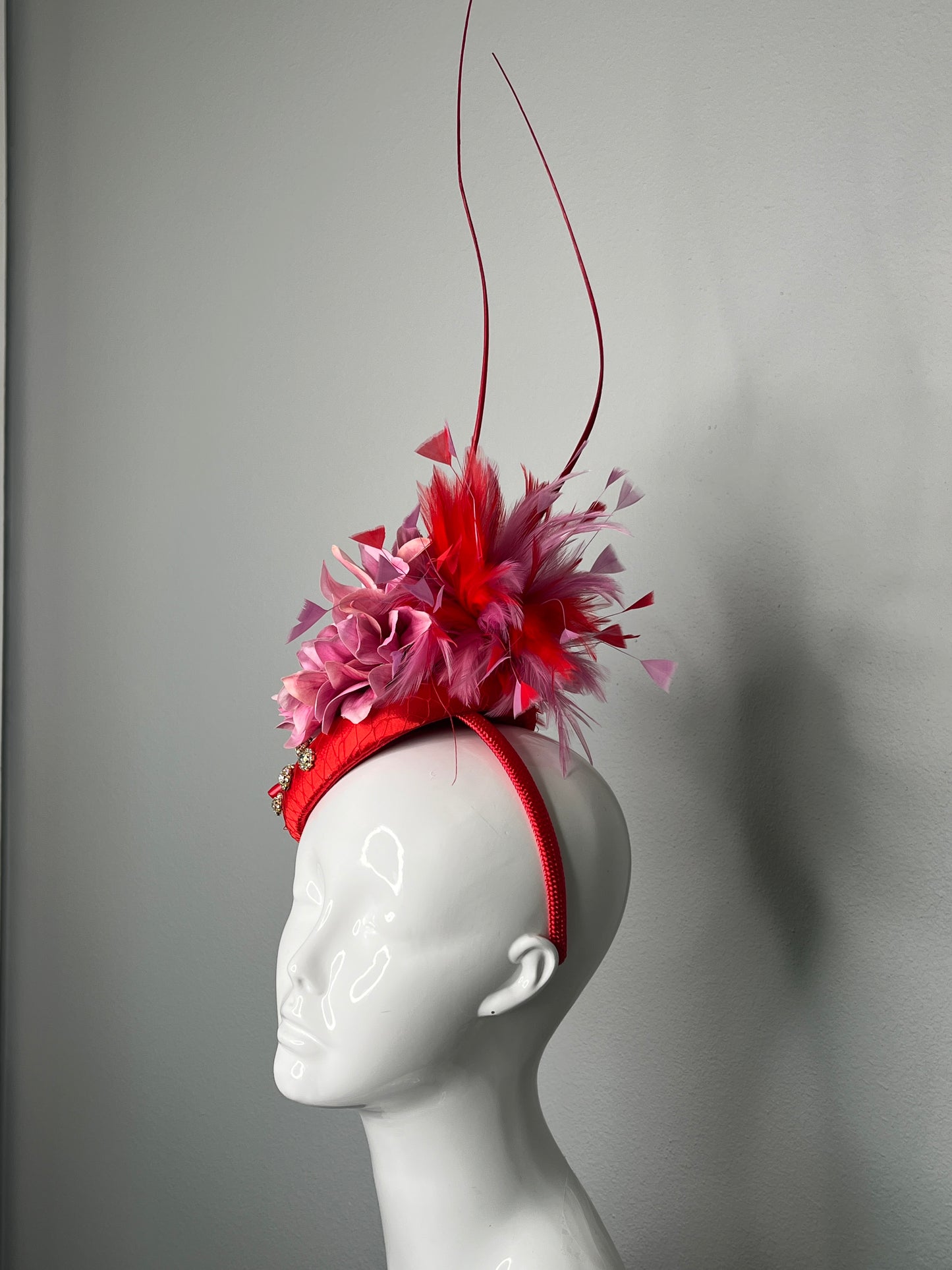 Red and Pink Flower Fascinator with Feather Sprays and Crystal Accents  Couture Derby or Ascot Hat