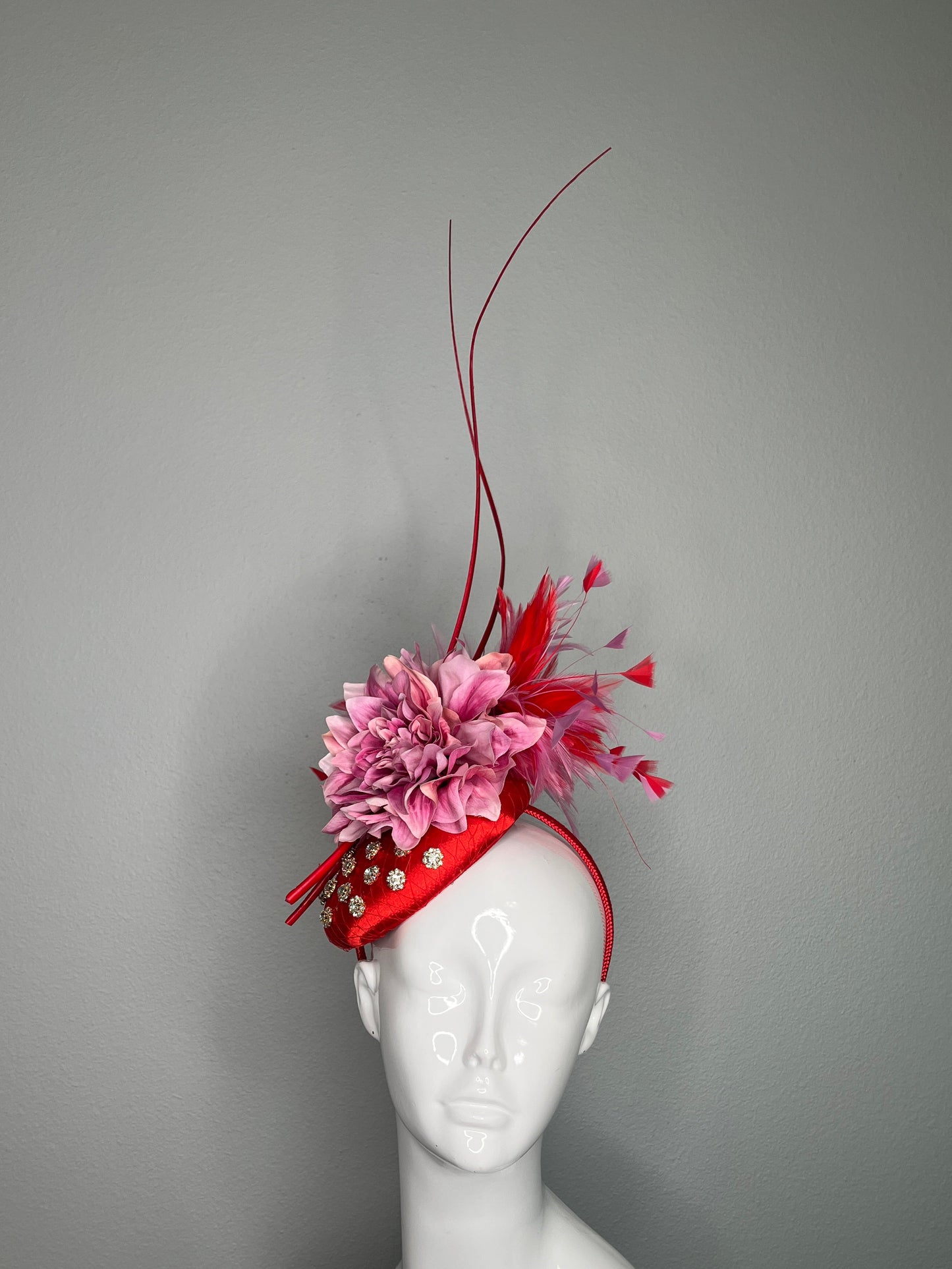 Red and Pink Flower Fascinator with Feather Sprays and Crystal Accents  Couture Derby or Ascot Hat