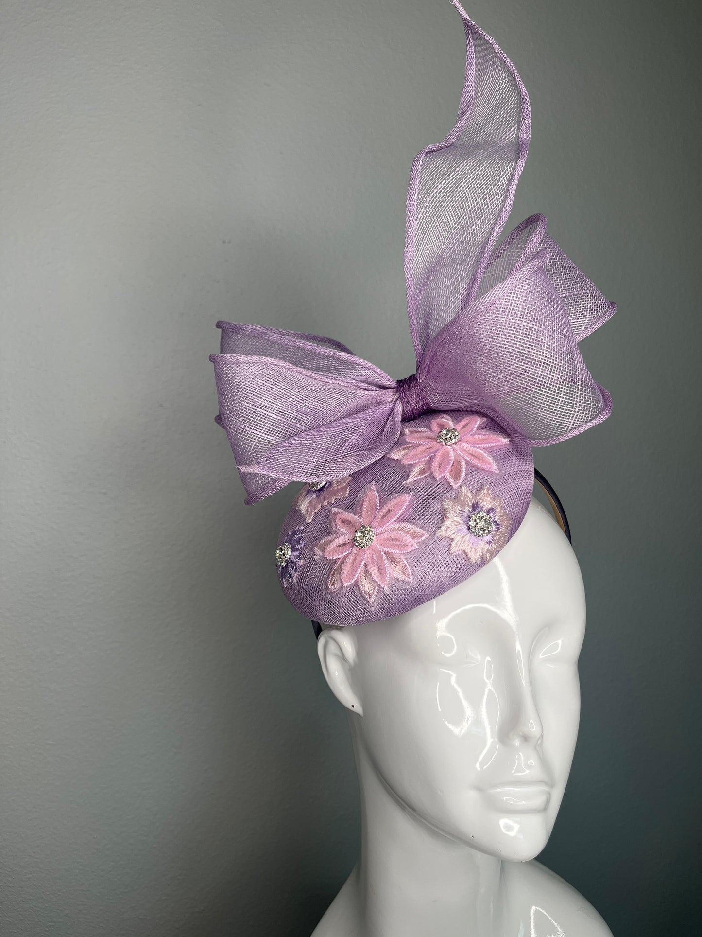 Lilac Blossom Bow Fascinator with Floral Embroidery and Rhinestone Detail