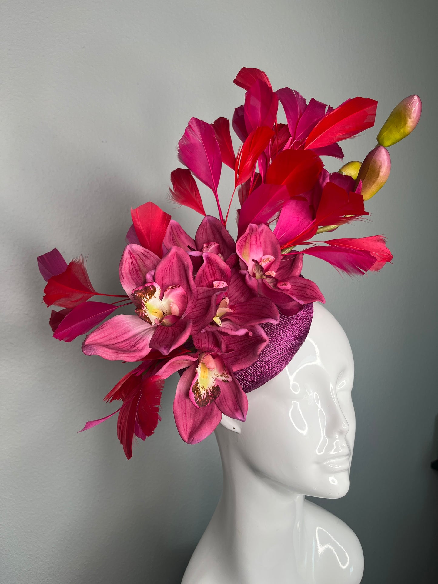 Hot Pink Orchid and Red Feather Statement Fascinator