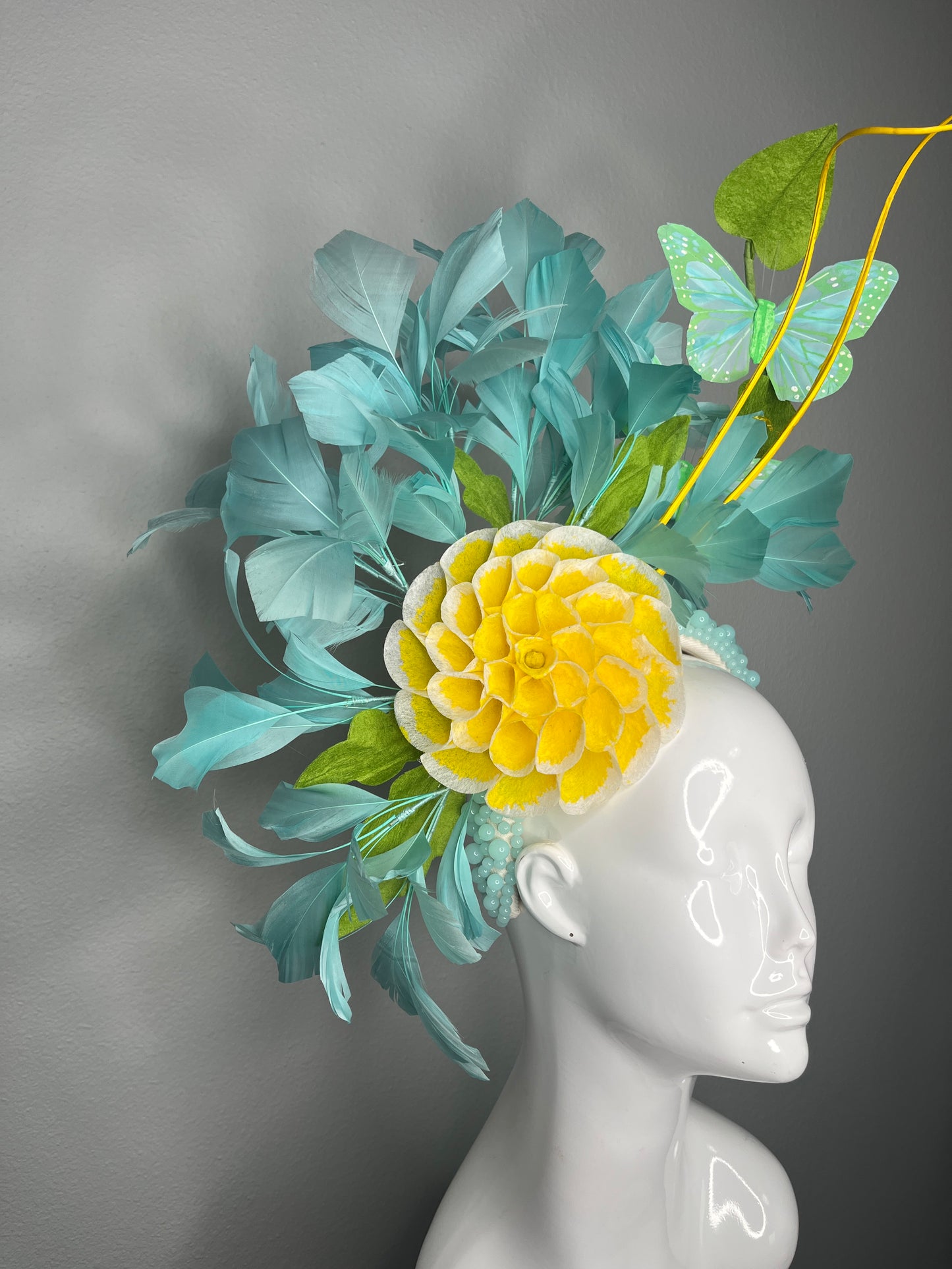 Aqua Garden Butterfly and Golden Bloom Feather Fascinator Hat