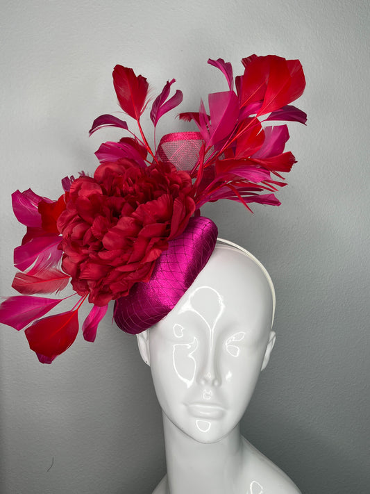 Crimson Peony Red and Magenta Feather Statement Fascinator Hat