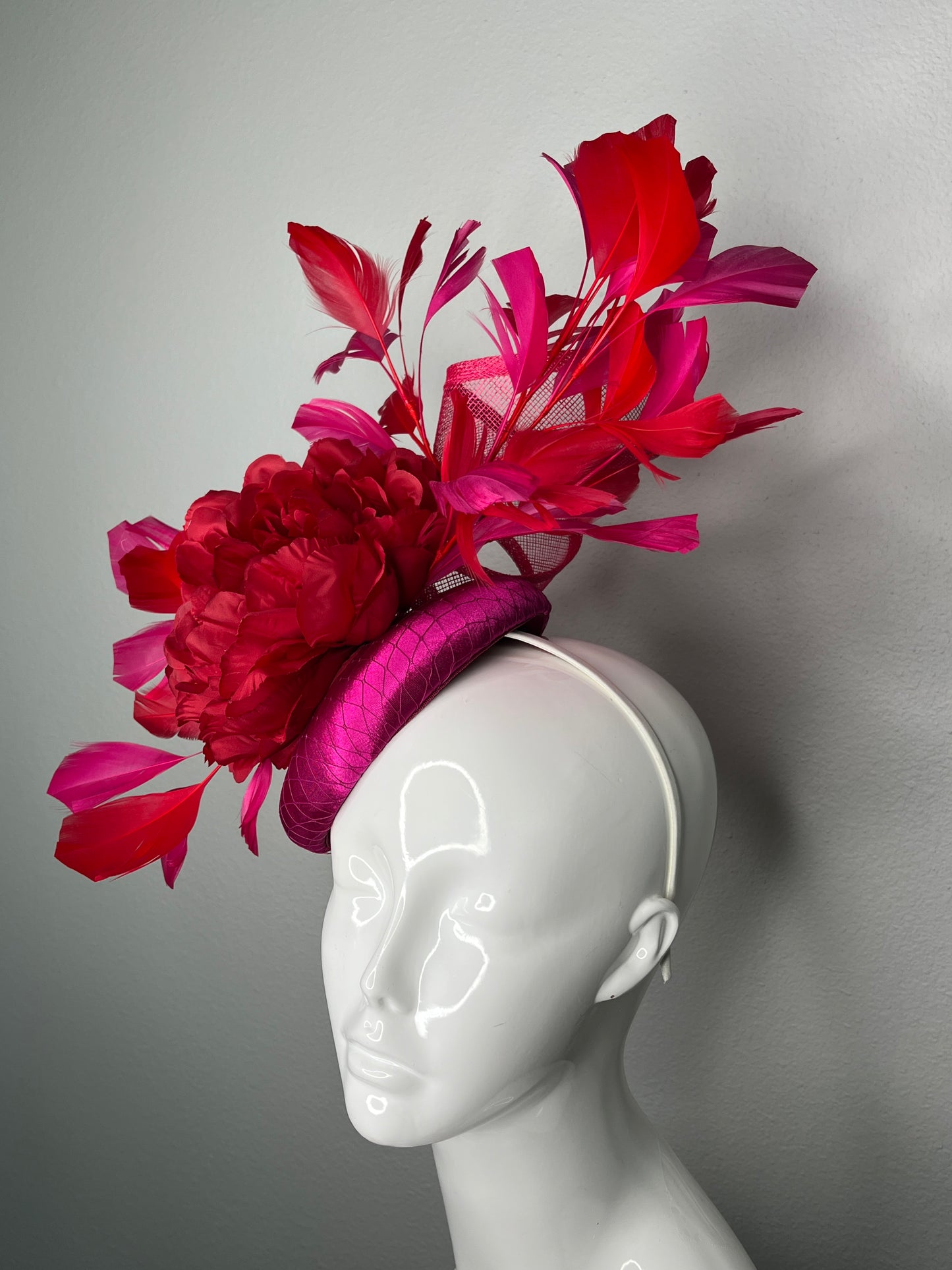Crimson Peony Red and Magenta Feather Statement Fascinator Hat
