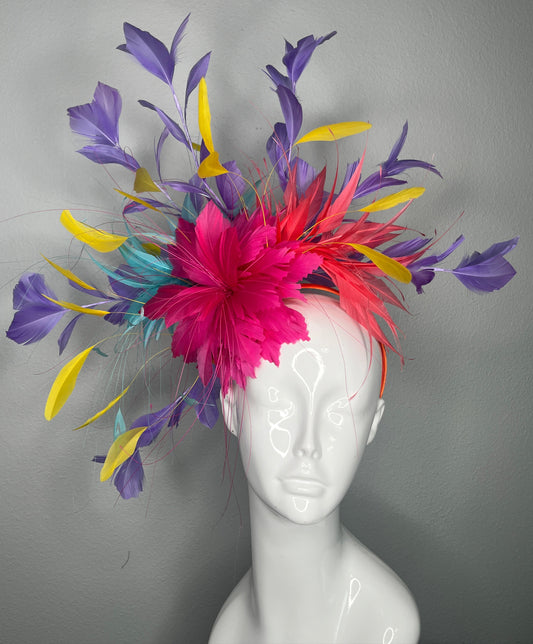 Purple, Yellow, Pink, Coral, Turquoise Carnival Bloom Feather Fascinator Hat