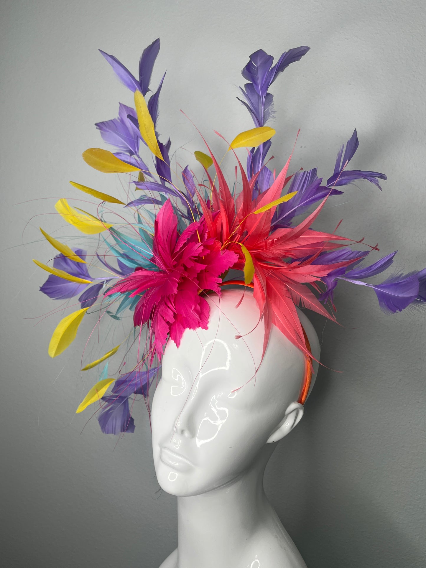 Purple, Yellow, Pink, Coral, Turquoise Carnival Bloom Feather Fascinator Hat