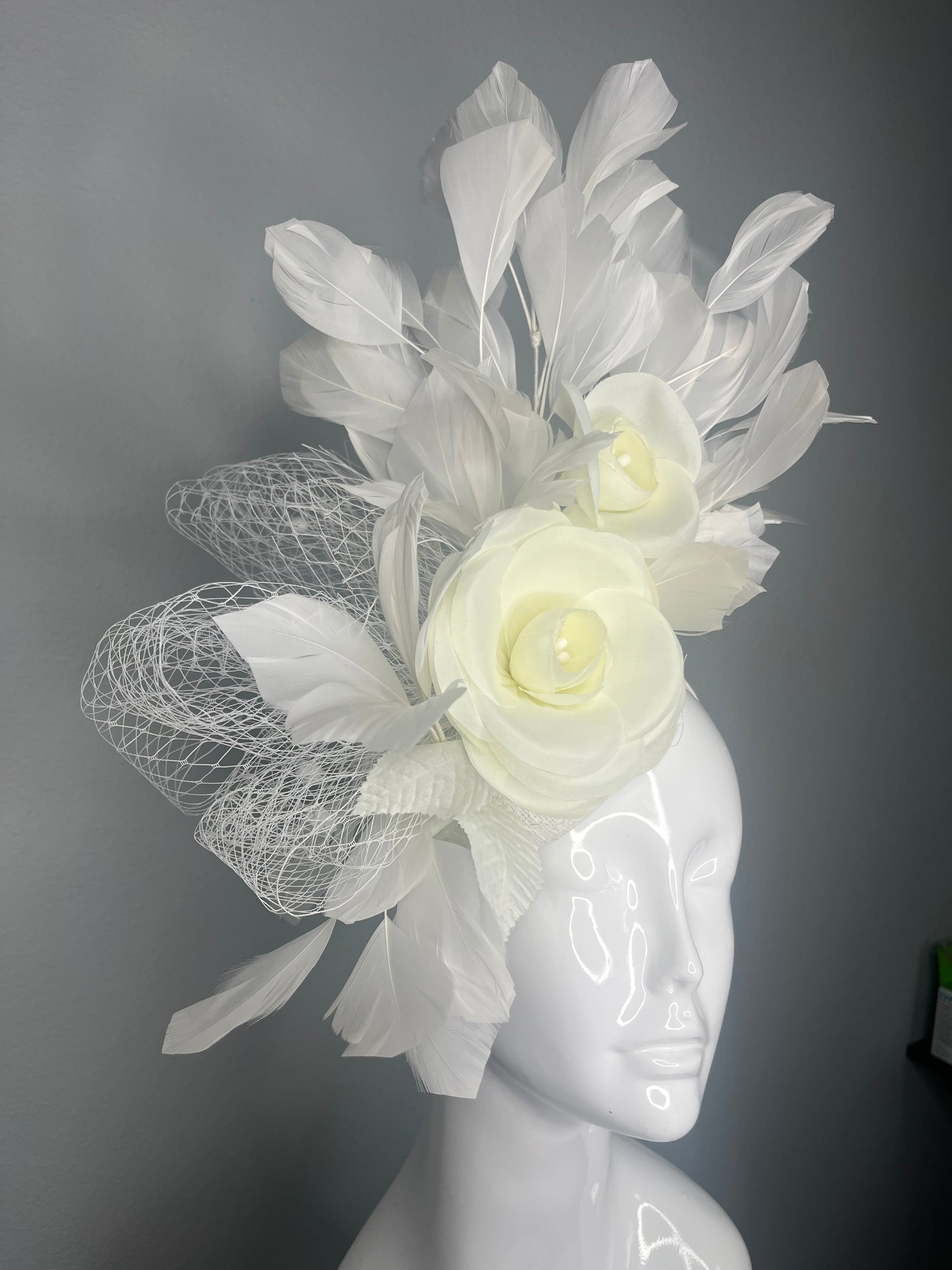 Elegant White Rose & Feather Fascinator Hat Timeless Derby and Wedding Headpiece