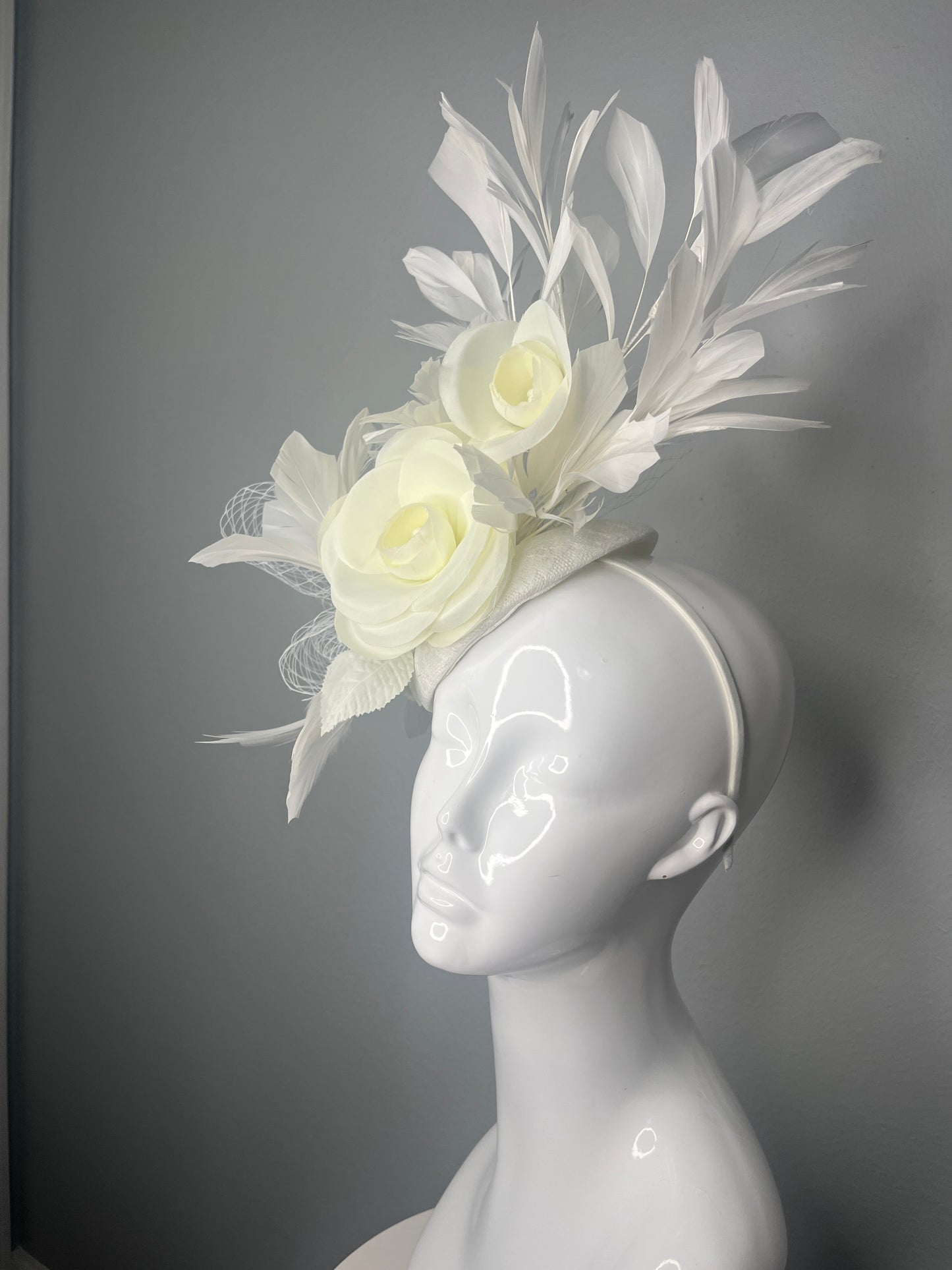 Elegant White Rose & Feather Fascinator Hat Timeless Derby and Wedding Headpiece